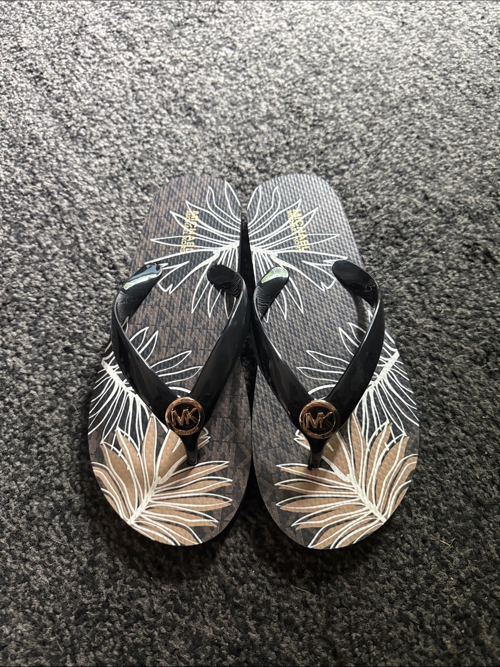 Michael Kors Black and Tan Palm-Print Logo Flip Flops